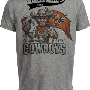 Oklahoma State Cowboys Exclusive Retro Football Flag Mascot Artwork Heather Gray Sublimated T-Shirt
