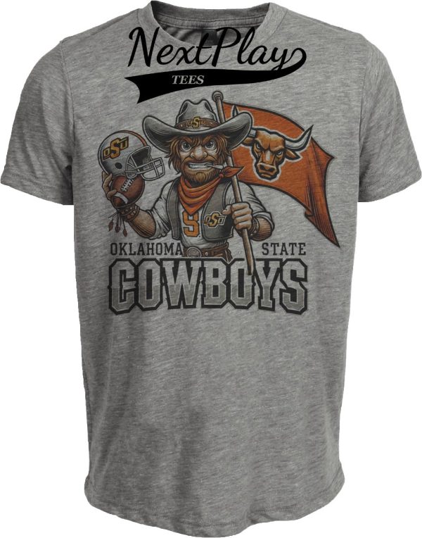 Oklahoma State Cowboys Exclusive Retro Football Flag Mascot Artwork Heather Gray Sublimated T-Shirt