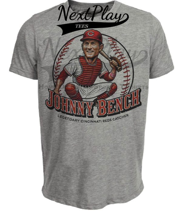 Cincinnati Reds Johnny Bench Catcher Exclusive Retro Baseball Artwork Heather Gray Sublimated T-Shirt
