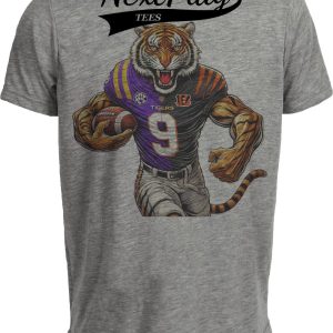 Cincinnati Bengals LSU Tigers Split Exclusive Retro Joe Burrow #9 Football Mascot Artwork Heather Gray Sublimated T-Shirt