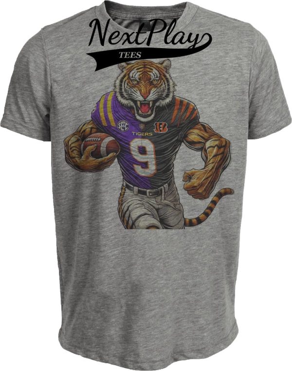 Cincinnati Bengals LSU Tigers Split Exclusive Retro Joe Burrow #9 Football Mascot Artwork Heather Gray Sublimated T-Shirt