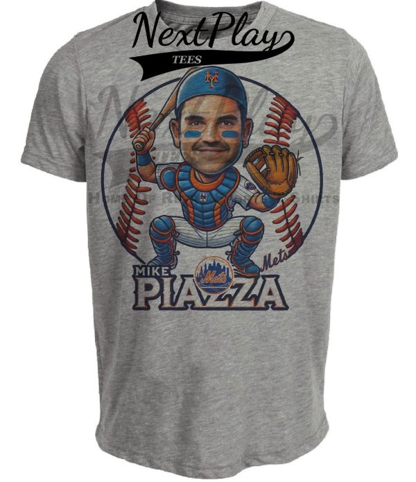 New York Mets Mike Piazza Exclusive Retro Baseball Artwork Heather Gray Sublimated T-Shirt