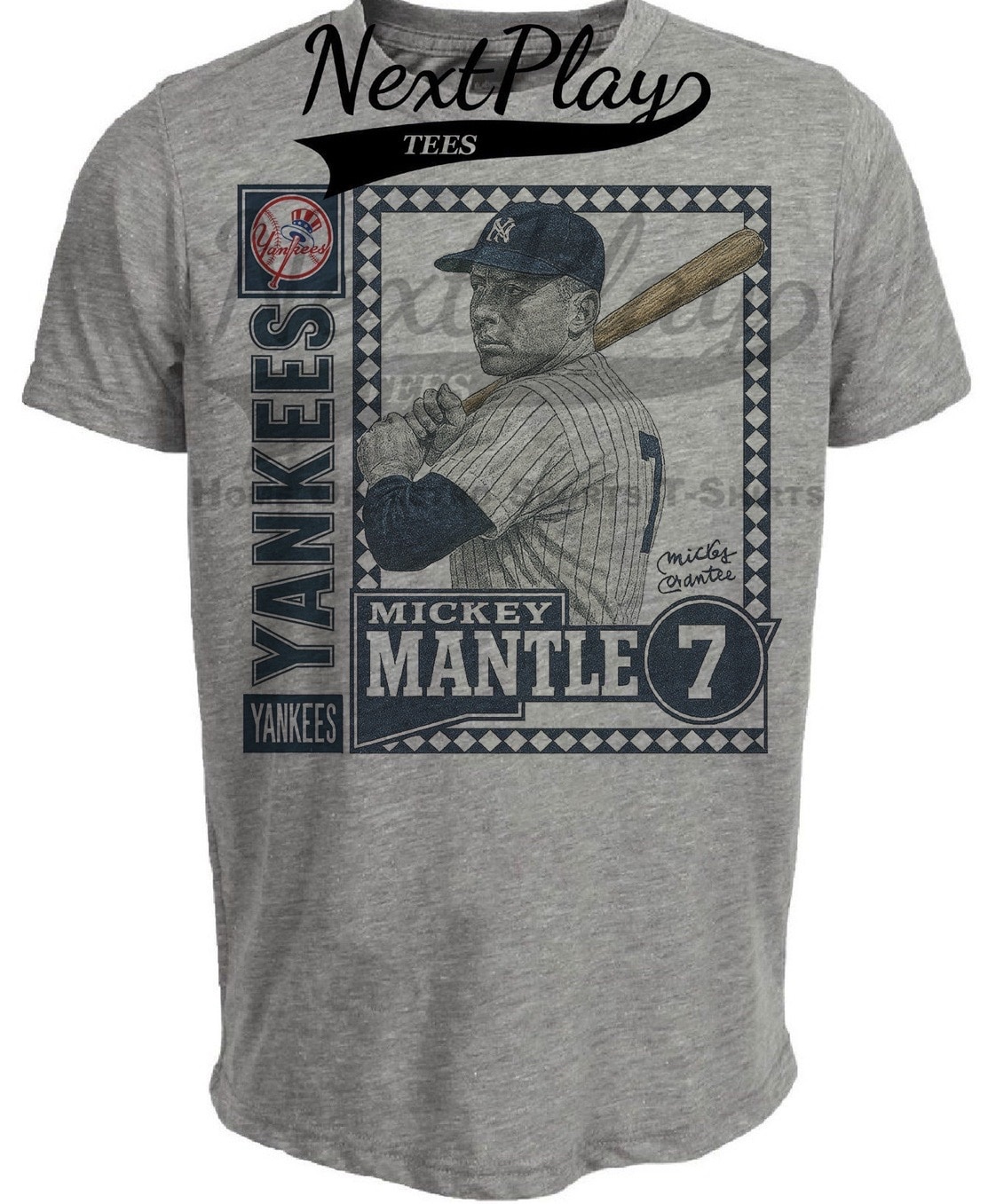 New York Yankees Mickey Mantle Exclusive Retro Baseball Artwork Heather Gray Sublimated T-Shirt