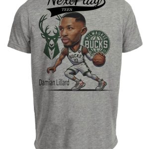 Milwaukee Bucks Damian Lillard Exclusive Retro Basketball Artwork Heather Gray Sublimated T-Shirt