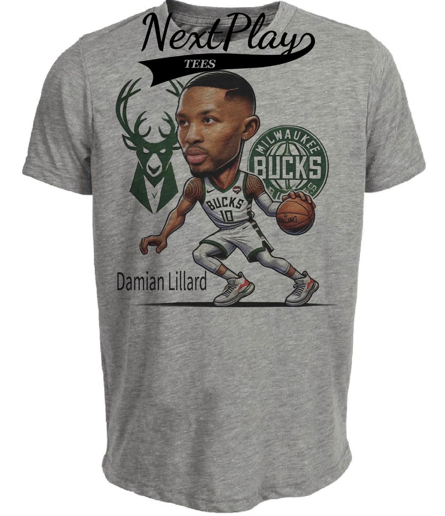 Milwaukee Bucks Damian Lillard Exclusive Retro Basketball Artwork Heather Gray Sublimated T-Shirt