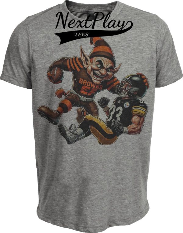 Cleveland Browns vs. Pittsburgh Steelers Exclusive Retro Rivalries Football Brownie 1977 Artwork Heather Gray Sublimated T-Shirt