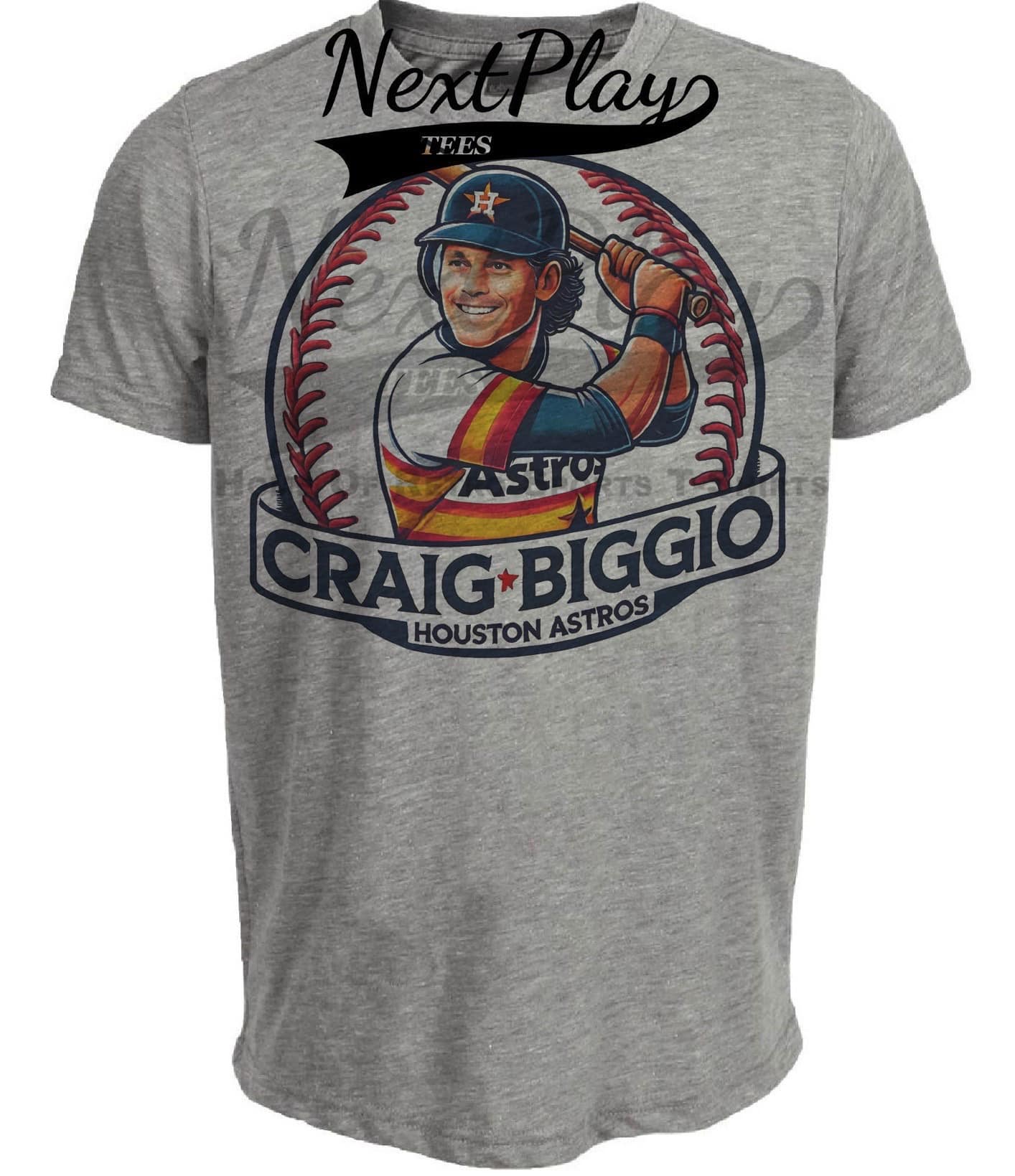 Houston Astros Craig Biggio Exclusive Retro Baseball Artwork Heather Gray Sublimated T-Shirt