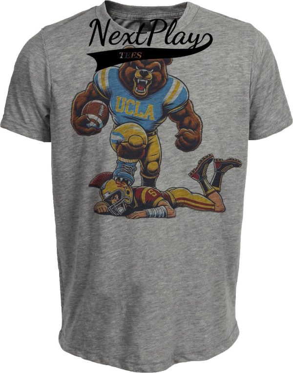 UCLA Bruins vs. USC Trojans Exclusive Retro Rivalries Football Joe Bruin Artwork Heather Gray Sublimated T-Shirt