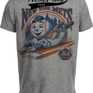 New York Mets Exclusive Mr. Met Sliding Retro Baseball Artwork Heather Gray Sublimated T-Shirt