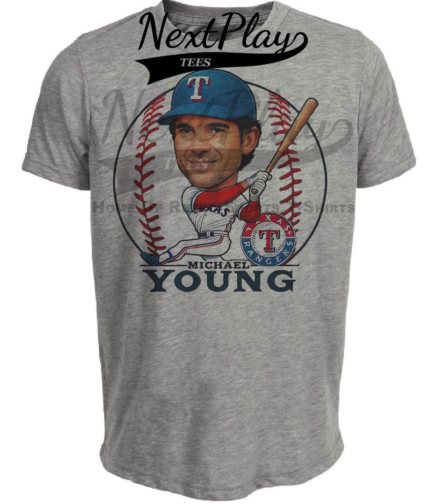 Texas Rangers Michael Young Exclusive Retro Baseball Artwork Heather Gray Sublimated T-Shirt