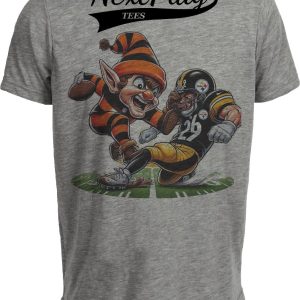 Cleveland Browns vs. Pittsburgh Steelers Exclusive Retro Rivalries Football Brownie Stiff Arm Artwork Heather Gray Sublimated T-Shirt