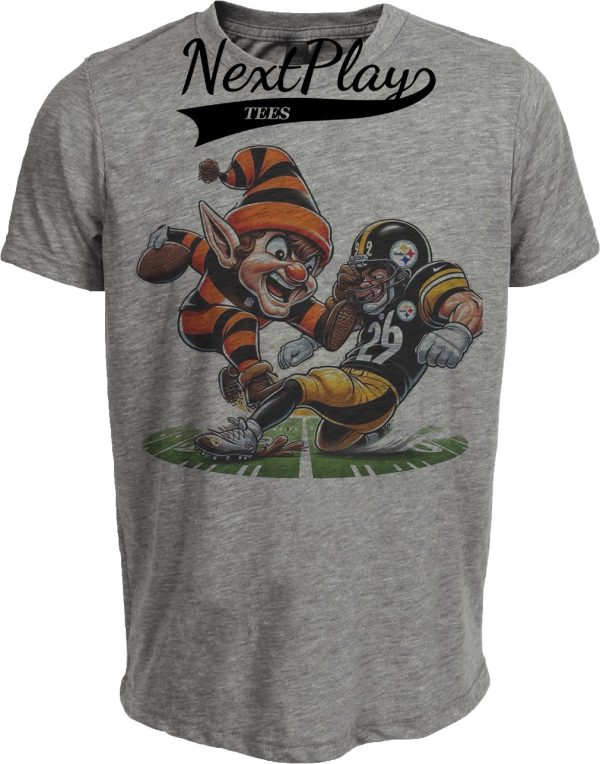 Cleveland Browns vs. Pittsburgh Steelers Exclusive Retro Rivalries Football Brownie Stiff Arm Artwork Heather Gray Sublimated T-Shirt