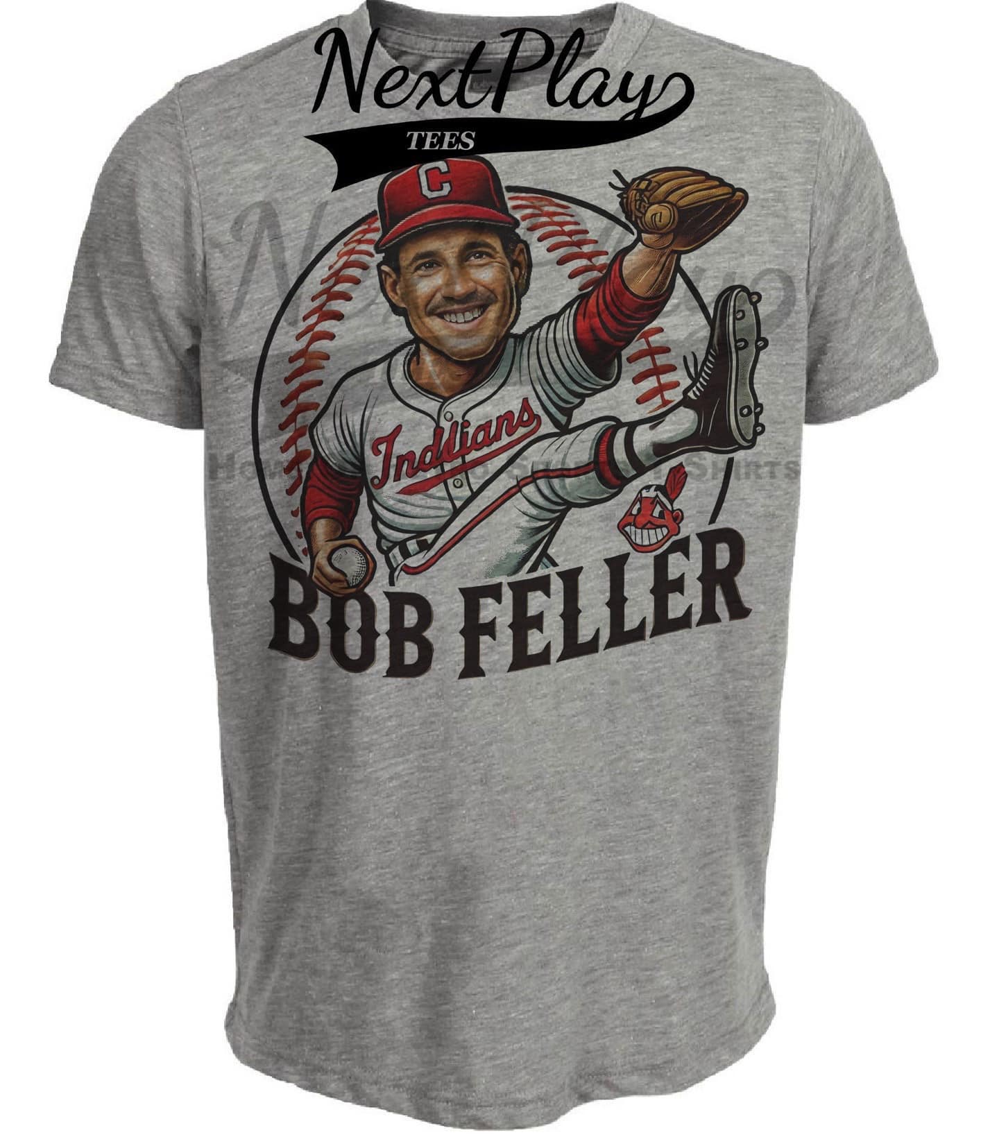 Cleveland Indians Bob Feller Exclusive Retro Baseball Artwork Heather Gray Sublimated T-Shirt
