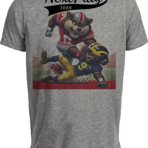 Ohio State Buckeyes vs. Michigan Wolverines Exclusive Retro Rivalries Football Brutus Crushing Artwork Heather Gray Sublimated T-Shirt