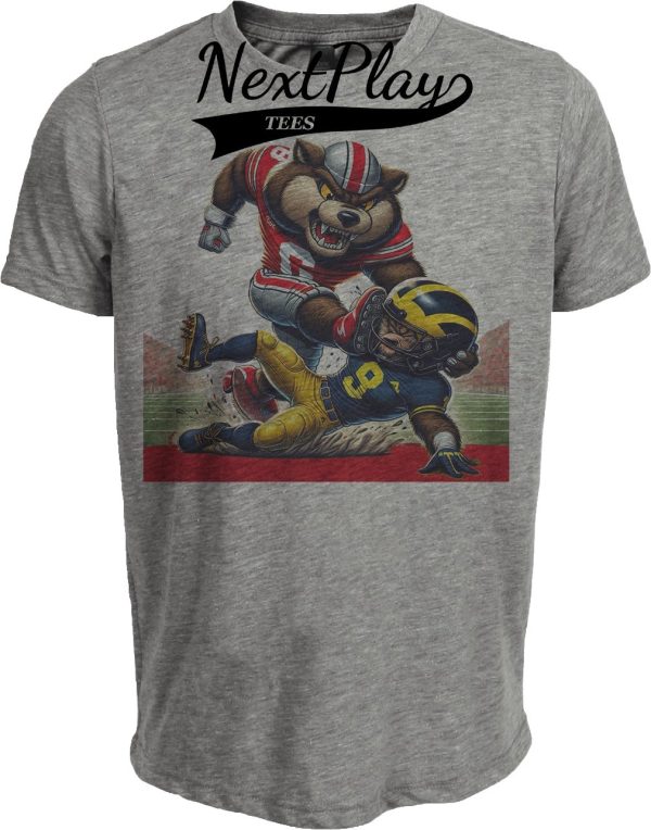 Ohio State Buckeyes vs. Michigan Wolverines Exclusive Retro Rivalries Football Brutus Crushing Artwork Heather Gray Sublimated T-Shirt