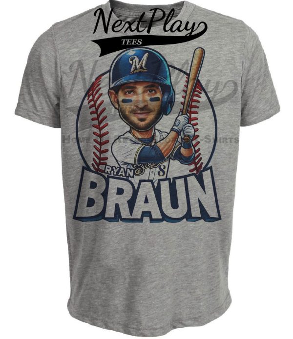 Milwaukee Brewers Ryan Braun Exclusive Retro Baseball Artwork Heather Gray Sublimated T-Shirt