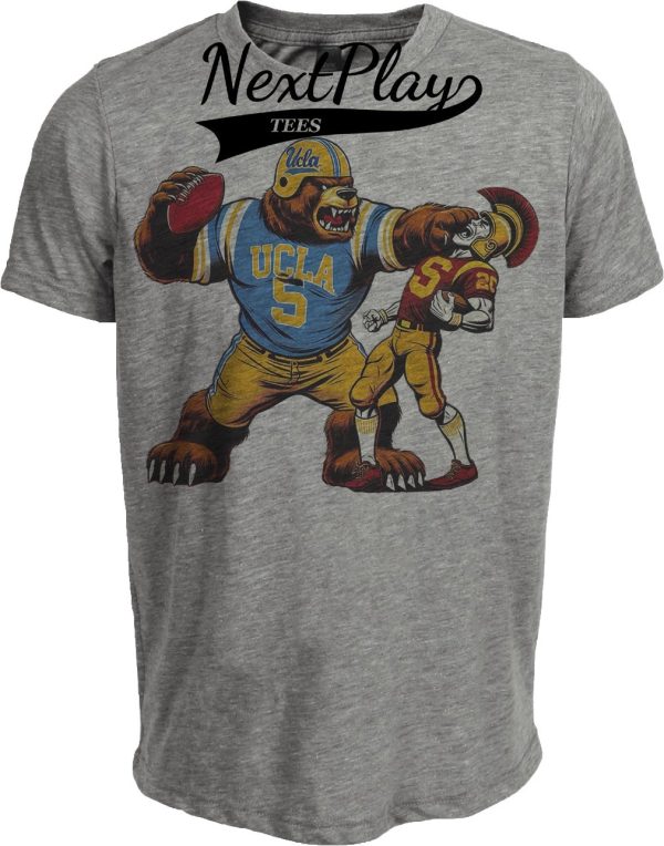 UCLA Bruins vs. USC Trojans Exclusive Retro Rivalries Football Mascot Artwork Heather Gray Sublimated T-Shirt