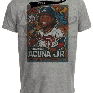 Atlanta Braves Ronald Acuna Jr. Exclusive Caricature Baseball Artwork Heather Gray Sublimated T-Shirt