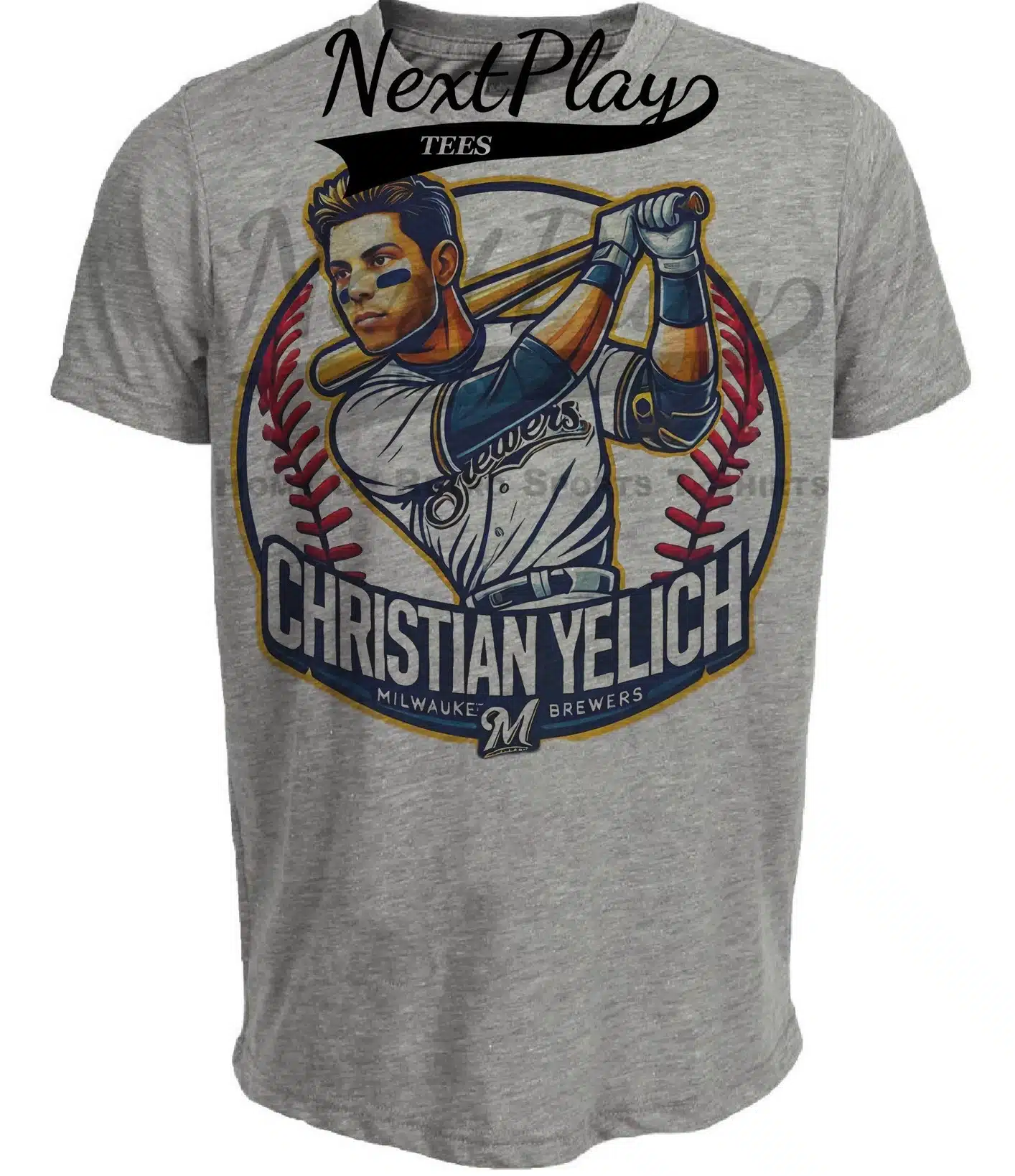 Milwaukee Brewers Christian Yelich Exclusive Retro Baseball Artwork Heather Gray Sublimated T-Shirt