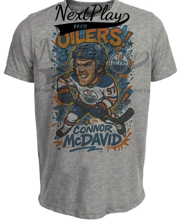 Edmonton Oilers Connor McDavid Exclusive Caricature Hockey Artwork Heather Gray Sublimated T-Shirt