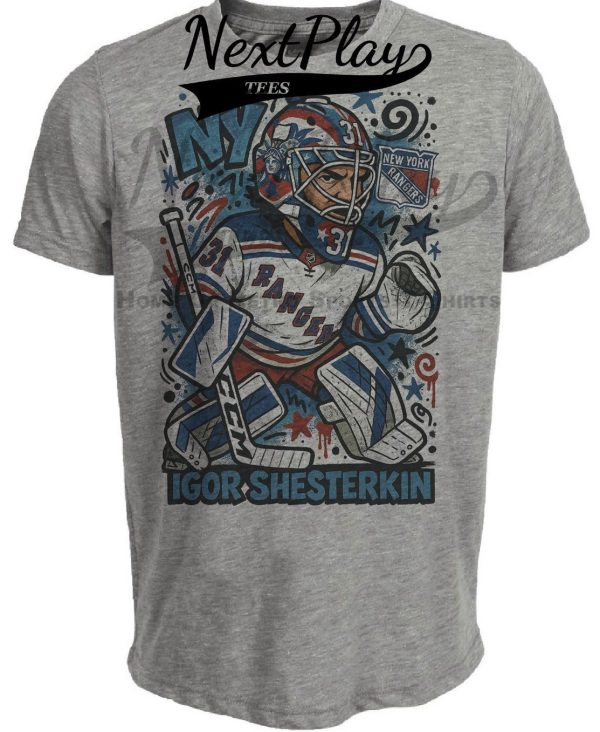 New York Rangers Igor Shesterkin Exclusive Caricature Hockey Artwork Heather Gray Sublimated T-Shirt