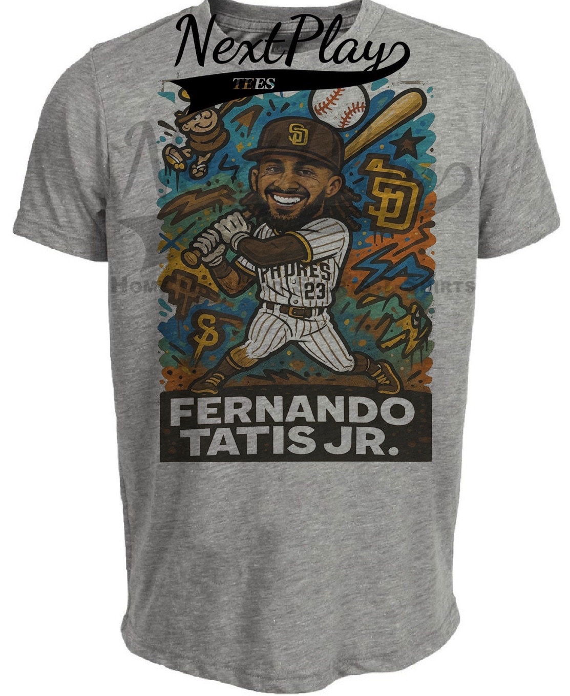 San Diego Padres Fernando Tatis Jr. Exclusive Caricature Baseball Artwork Heather Gray Sublimated T-Shirt
