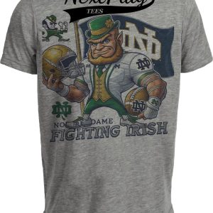 Notre Dame Fighting Irish Exclusive Retro Football Flag Leprechaun Artwork Heather Gray Sublimated T-Shirt