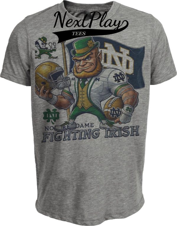 Notre Dame Fighting Irish Exclusive Retro Football Flag Leprechaun Artwork Heather Gray Sublimated T-Shirt