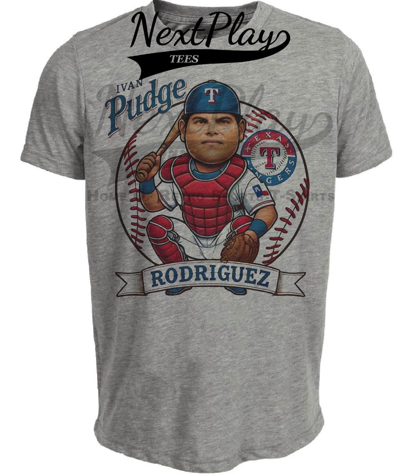 Texas Rangers Ivan Pudge Rodriguez Exclusive Retro Baseball Artwork Heather Gray Sublimated T-Shirt