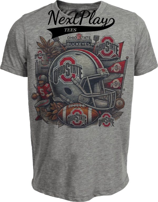 Ohio State Buckeyes Exclusive Retro Football Collage Artwork Heather Gray Sublimated T-Shirt