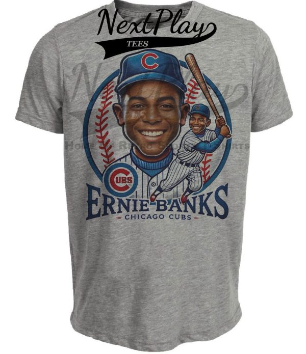 Chicago Cubs Ernie Banks Exclusive Retro Baseball Artwork Heather Gray Sublimated T-Shirt