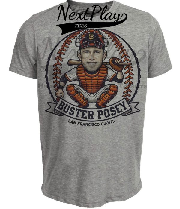 San Francisco Giants Buster Posey Exclusive Retro Baseball Artwork Heather Gray Sublimated T-Shirt