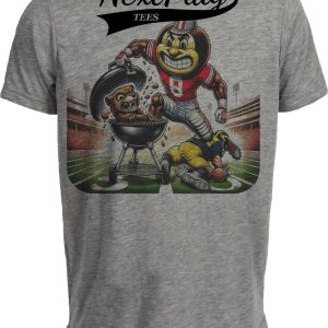 Ohio State Buckeyes vs. Michigan Wolverines Exclusive Retro Rivalries Football Brutus Grilling Artwork Heather Gray Sublimated T-Shirt