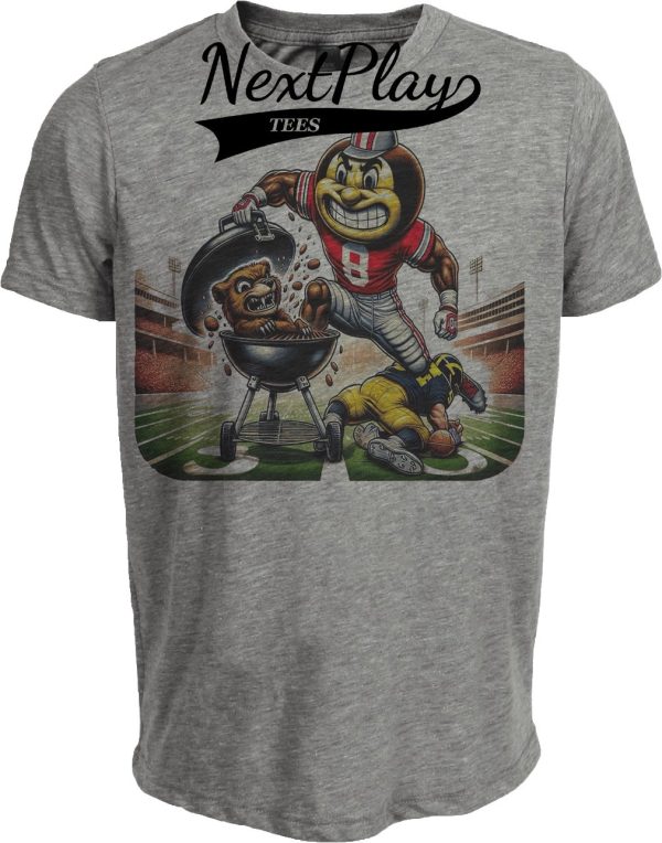 Ohio State Buckeyes vs. Michigan Wolverines Exclusive Retro Rivalries Football Brutus Grilling Artwork Heather Gray Sublimated T-Shirt