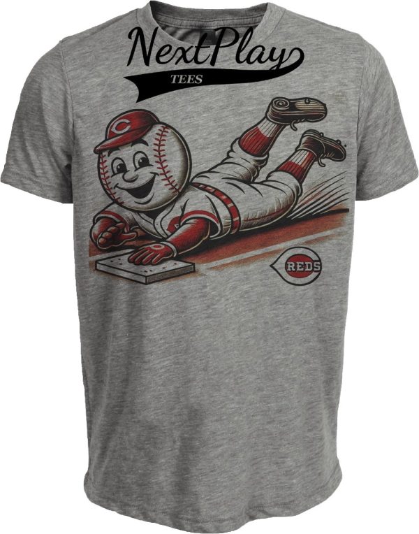 Cincinnati Reds Exclusive Retro Baseball Mascot Artwork Heather Gray Sublimated T-Shirt