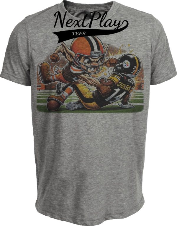 Cleveland Browns vs. Pittsburgh Steelers Exclusive Retro Rivalries Football Brownie Punch Artwork Heather Gray Sublimated T-Shirt