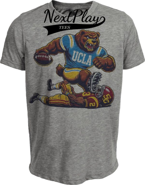UCLA Bruins vs. USC Trojans Exclusive Retro Rivalries Smash Mouth Football Artwork Heather Gray Sublimated T-Shirt