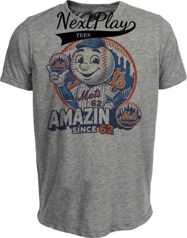 New York Mets Exclusive Mr. Met Amazin Since 62 Retro Baseball Artwork Heather Gray Sublimated T-Shirt