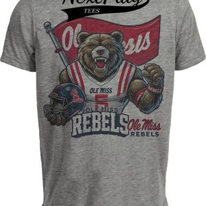 Ole Miss Rebels Exclusive Retro Football Flag Bear Artwork Heather Gray Sublimated T-Shirt