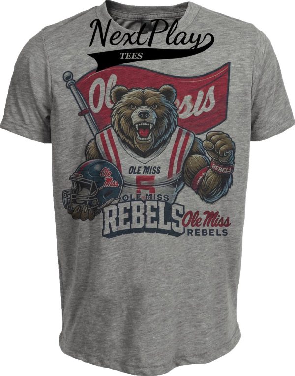 Ole Miss Rebels Exclusive Retro Football Flag Bear Artwork Heather Gray Sublimated T-Shirt