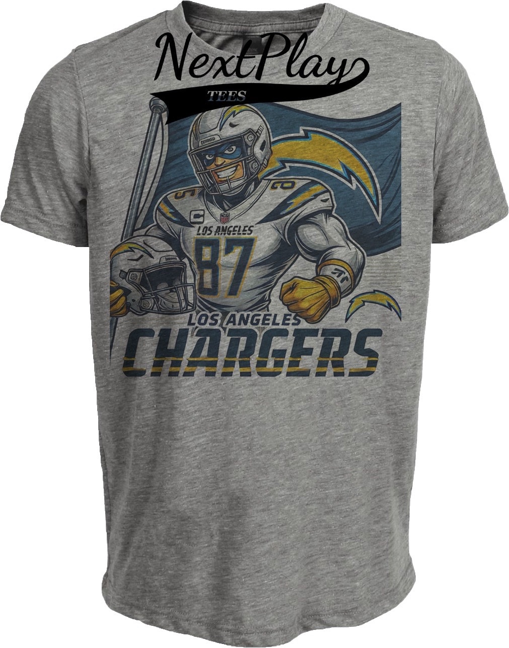Los Angeles Chargers Exclusive Retro Football Flag Artwork Heather Gray Sublimated T-Shirt