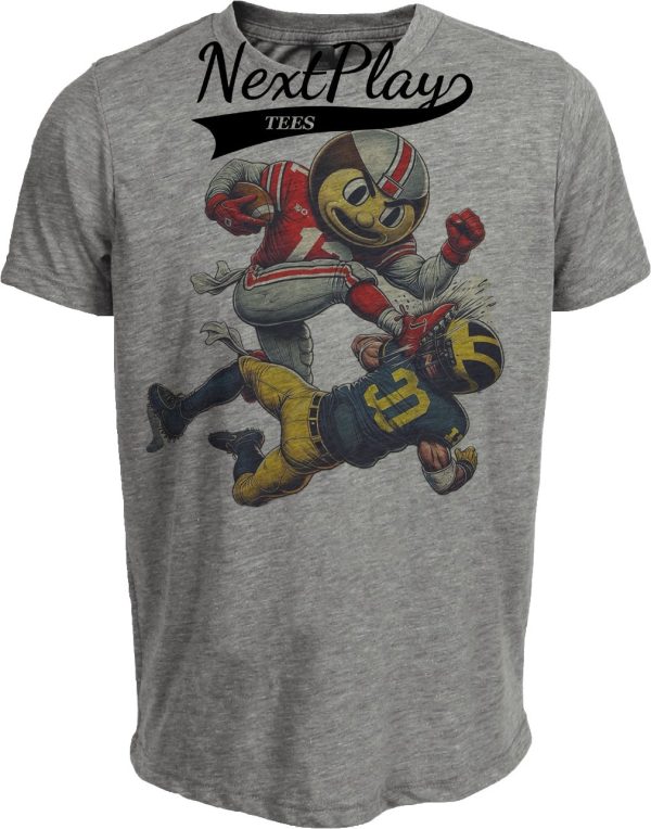 Ohio State Buckeyes vs. Michigan Wolverines Exclusive Retro Rivalries Football Brutus Stomping Artwork Heather Gray Sublimated T-Shirt