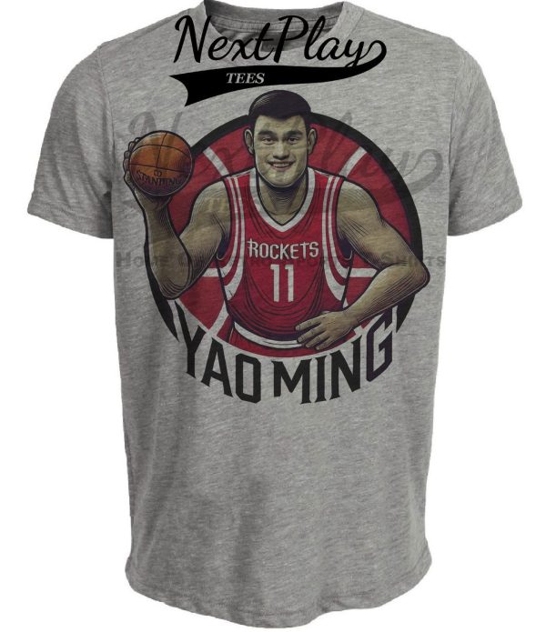 Houston Rockets Yao Ming Exclusive Retro Basketball Artwork Heather Gray Sublimated T-Shirt