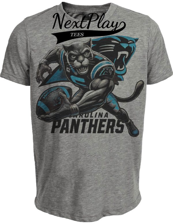 Carolina Panthers Exclusive Retro Football Keep Pounding Mascot Artwork Heather Gray Sublimated T-Shirt