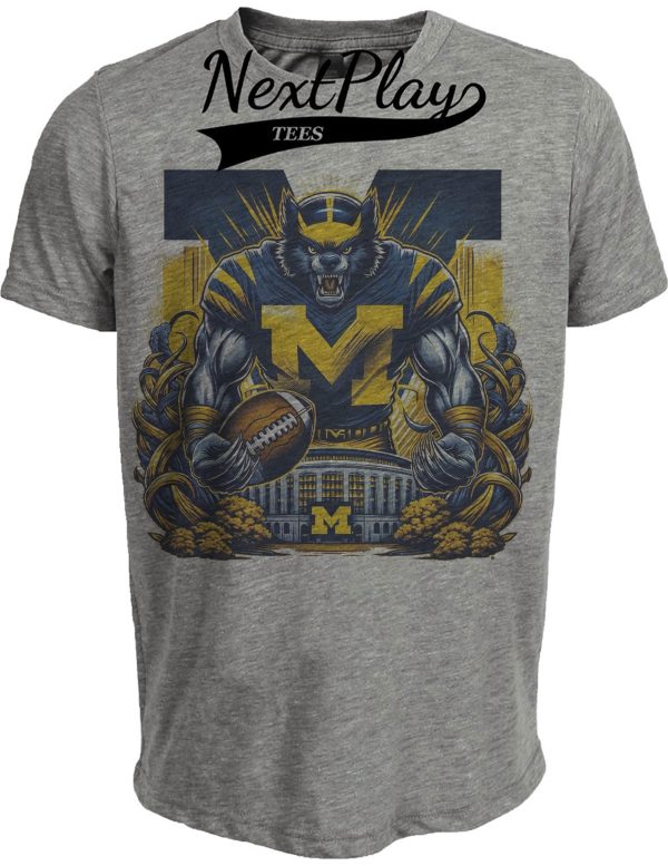 Michigan Wolverines Exclusive Retro Football Big House Artwork Heather Gray Sublimated T-Shirt
