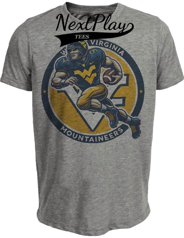 West Virginia Mountaineers Exclusive Retro Football Running Mascot Artwork Heather Gray Sublimated T-Shirt