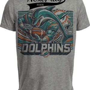 Miami Dolphins Exclusive Retro Football Running Mascot Artwork Heather Gray Sublimated T-Shirt