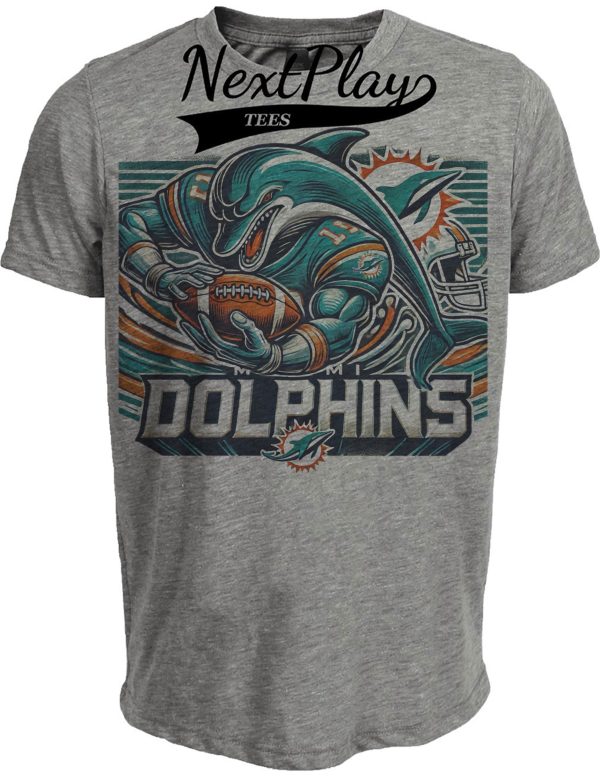 Miami Dolphins Exclusive Retro Football Running Mascot Artwork Heather Gray Sublimated T-Shirt