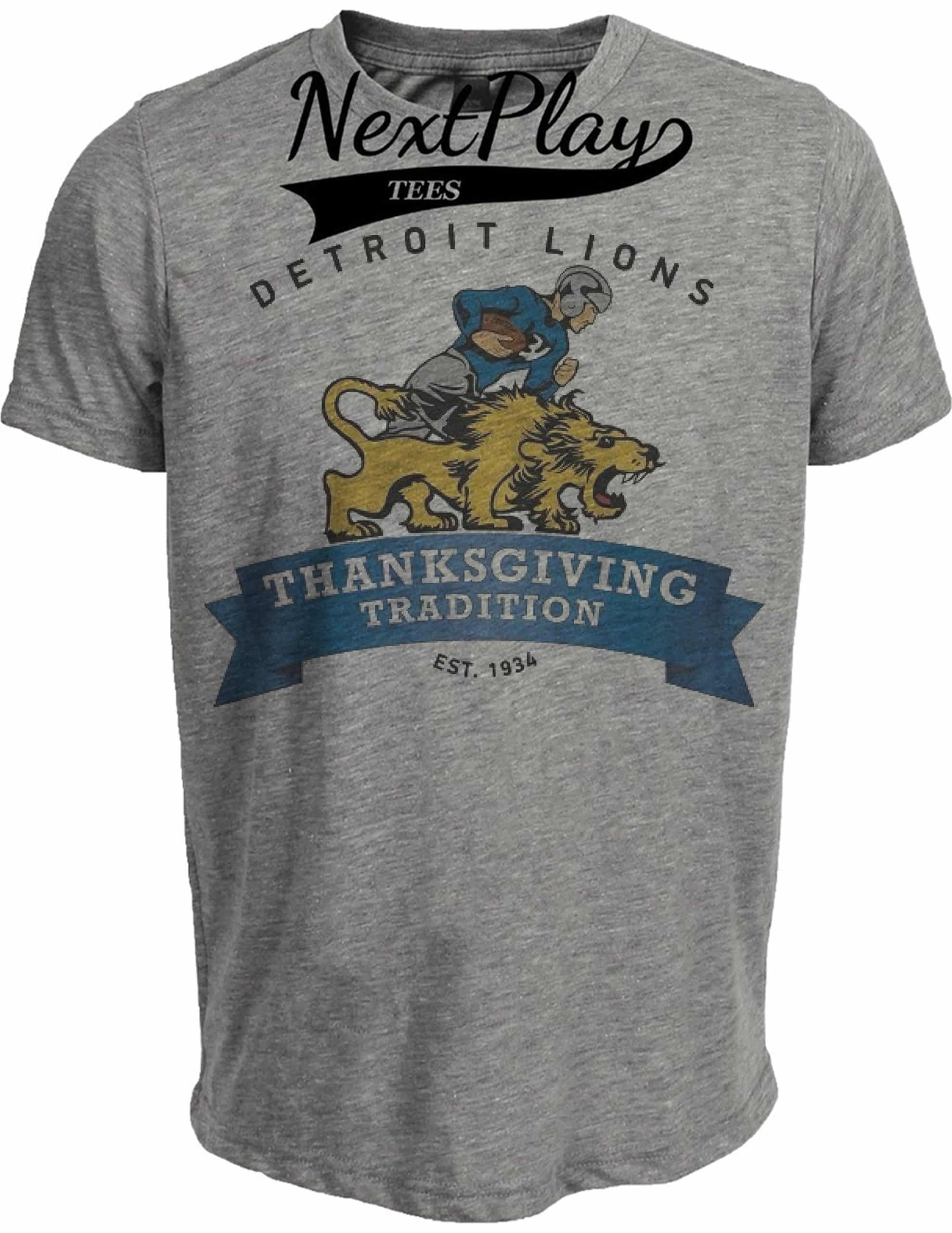 Detroit Lions Thanksgiving Tradition Retro Football 1934 Artwork Heather Gray Sublimated T-Shirt