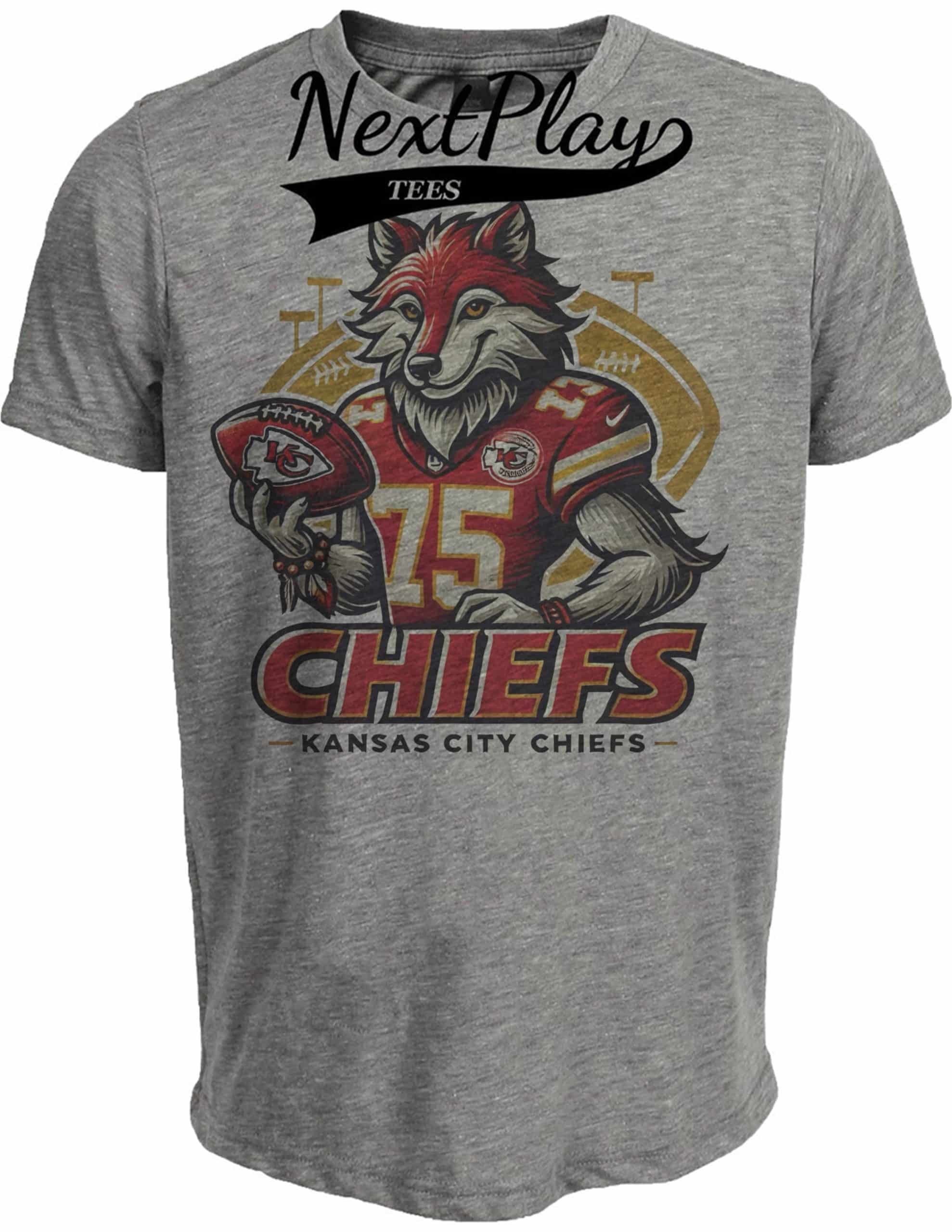 Kansas City Chiefs Exclusive Retro Football K.C. Wolf Artwork Heather Gray Sublimated T-Shirt